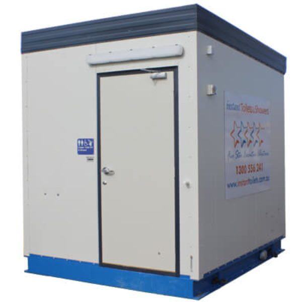 Compact portable office unit with white walls, a blue base, and business signage.