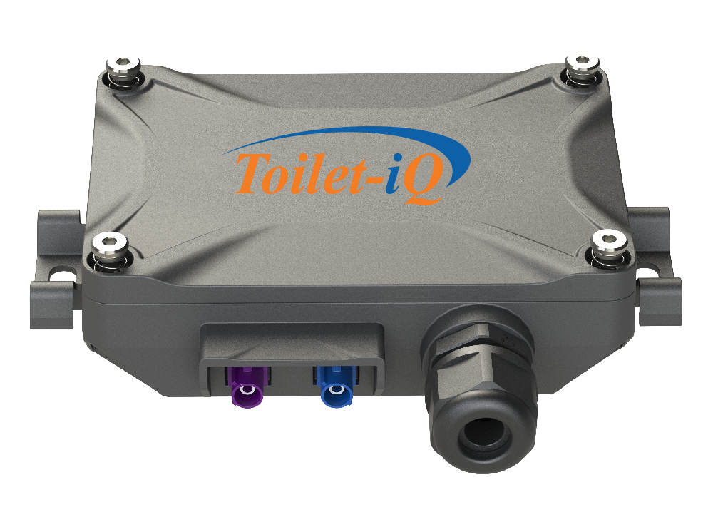 Gray water control module with blue and orange Toilet-iQ logo and various plumbing connections.