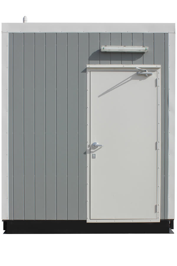 Vertical image of a gray portable container with a single white door and small exterior light fixture.