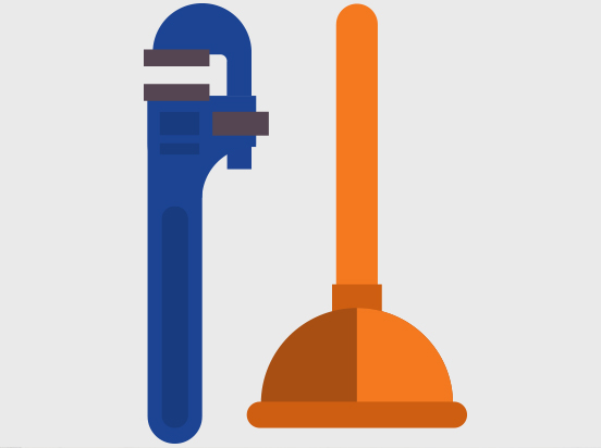 Illustration of a blue pipe wrench and an orange plunger side by side.