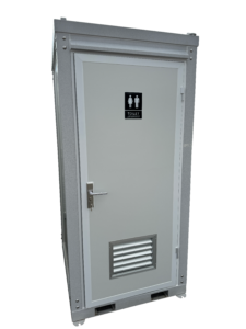 Single MODULAR TOILET 1.1×1.3m, SEWER CONNECT with unisex sign on door.