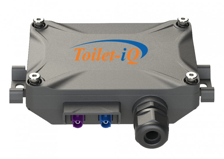 Toilet-iQ sensor device in a compact black casing with logo and connection ports visible.